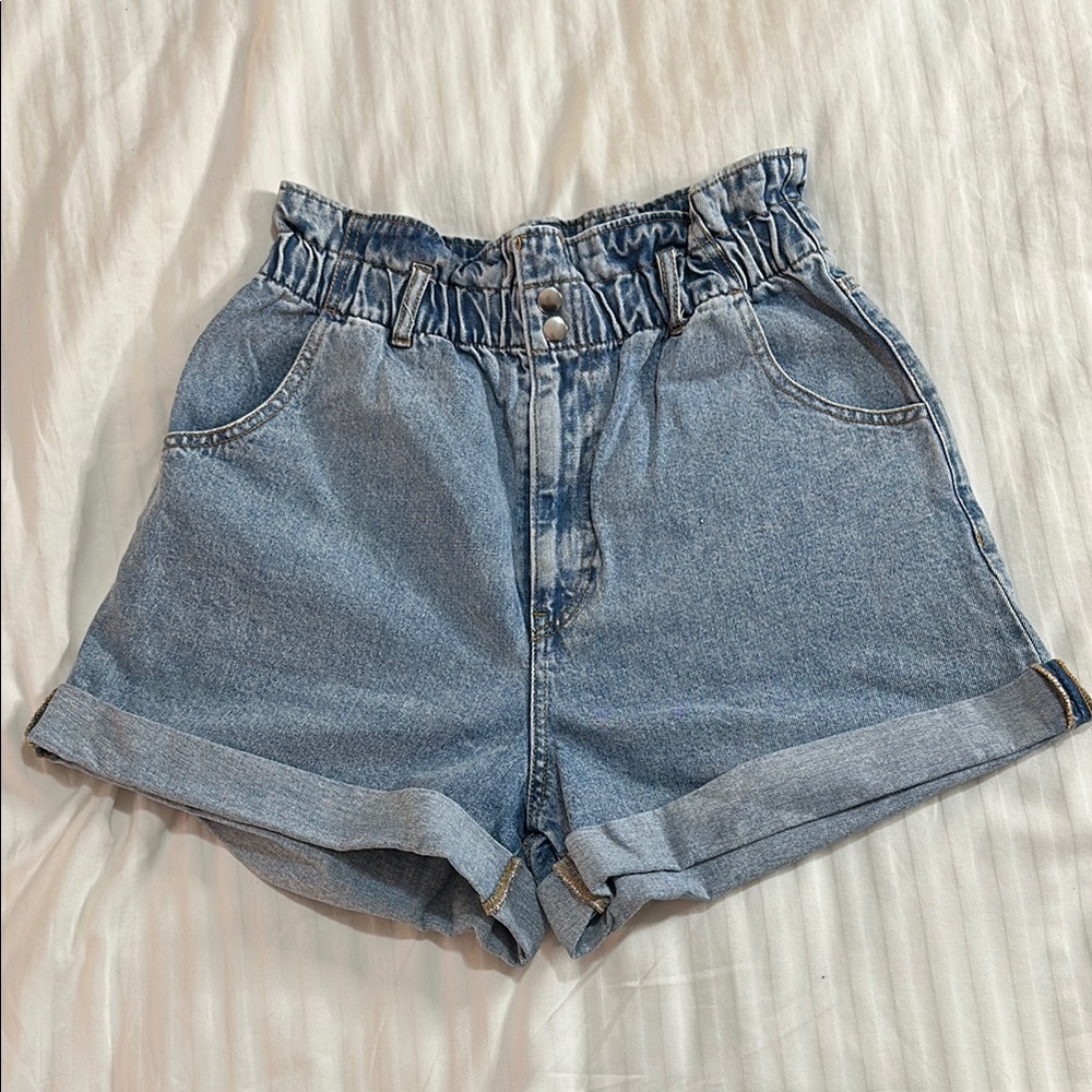 H&M Light Wash High Paper Bag Waist Shorts